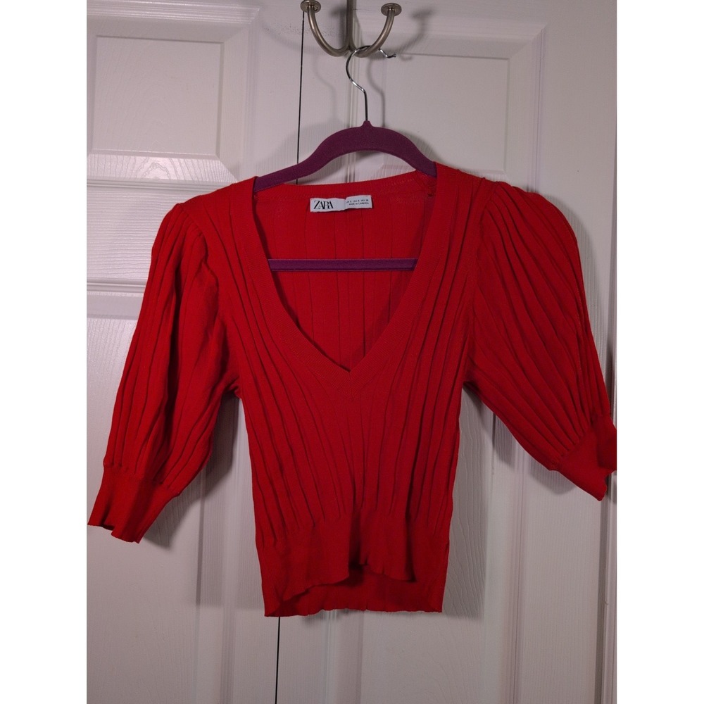 Zara Womens Orange Blouse Short Sleeve V-Neck Small